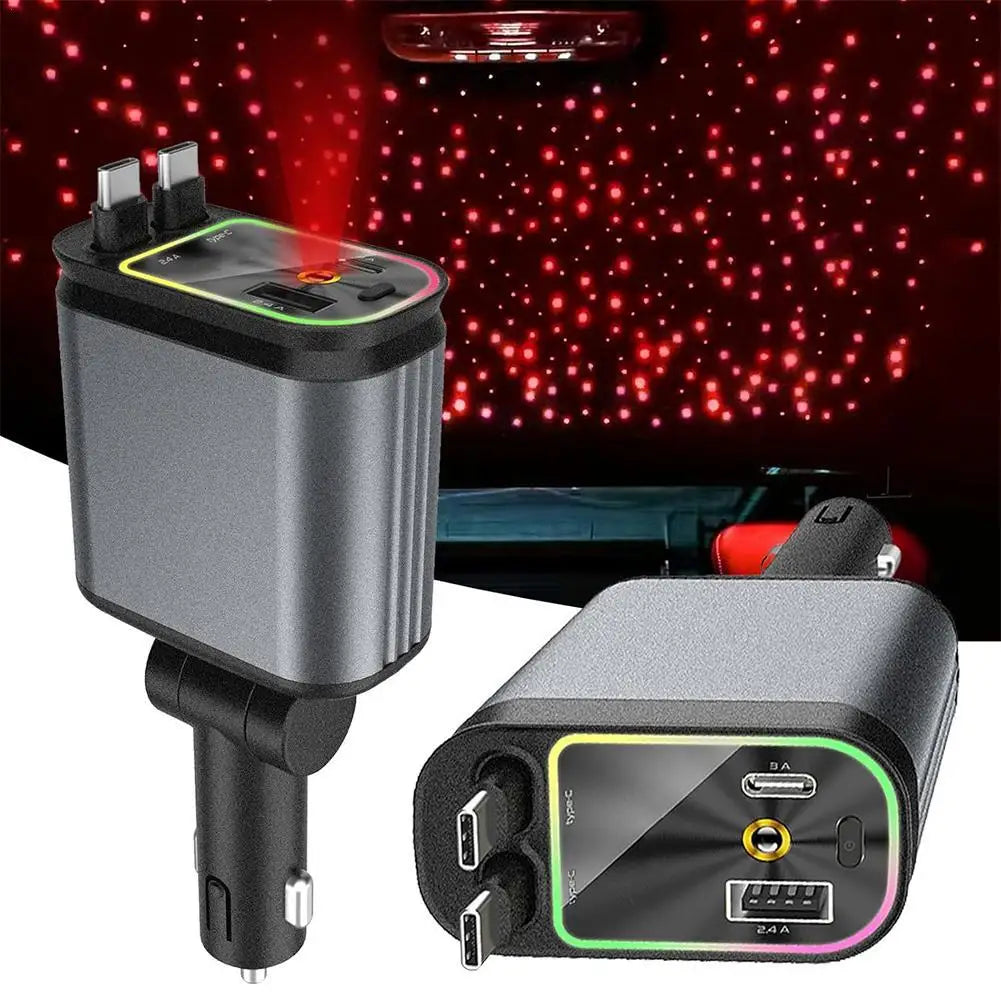Retractable Dual Cable Car Charger - Built-in Starlit Roof, Type C Fast Charger - EuroSpeed