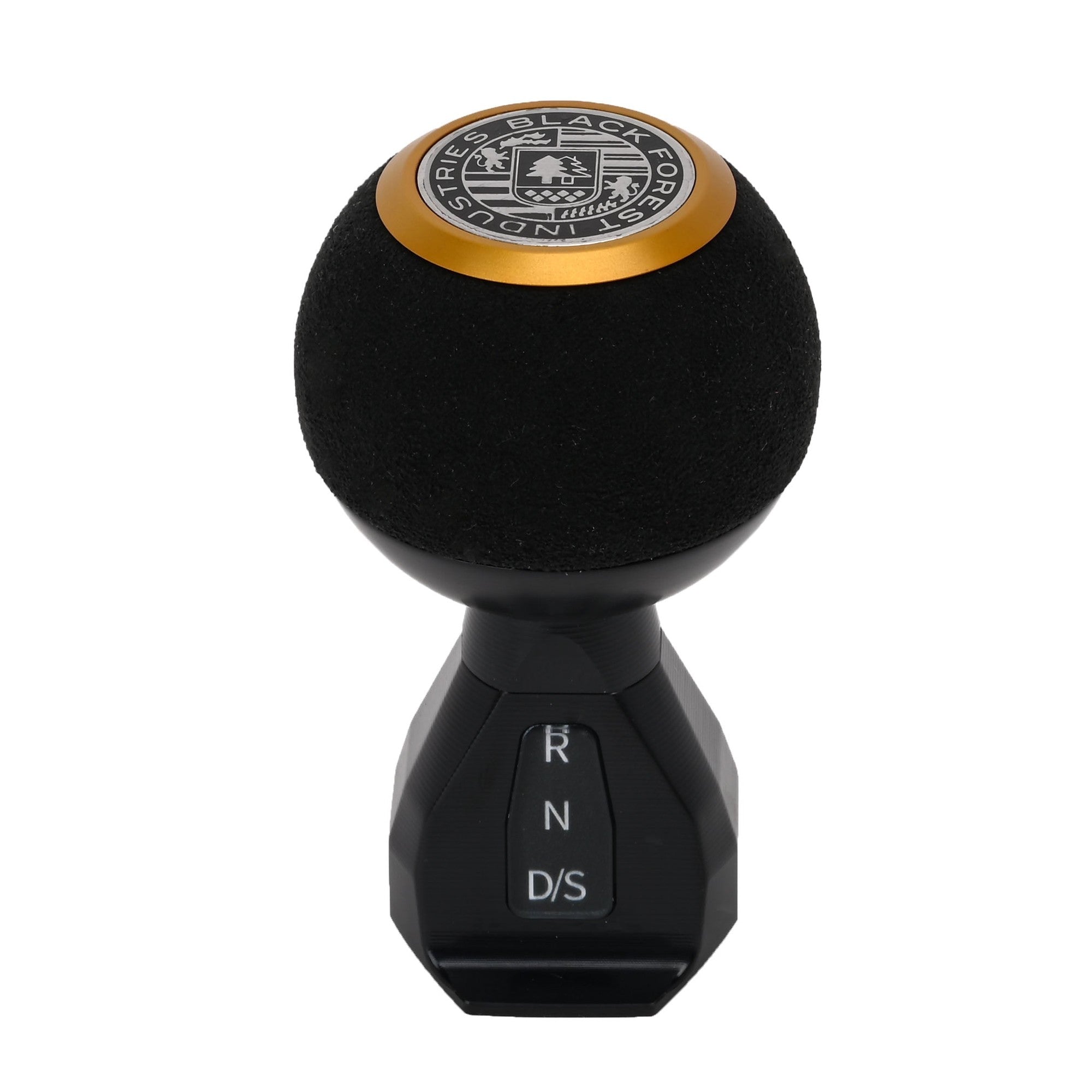 BFI GS2 Heavy Weight Shift Knob, Auto / DSG for Volkswagen Golf MK8 & Atlas Mk1 (2019–2026) - Black Alcantara / Black Anodized w/ Gold Top