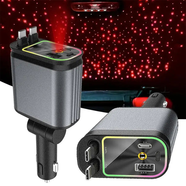 Retractable Dual Cable Car Charger - Built-in Starlit Roof, Type C Fast Charger - EuroSpeed