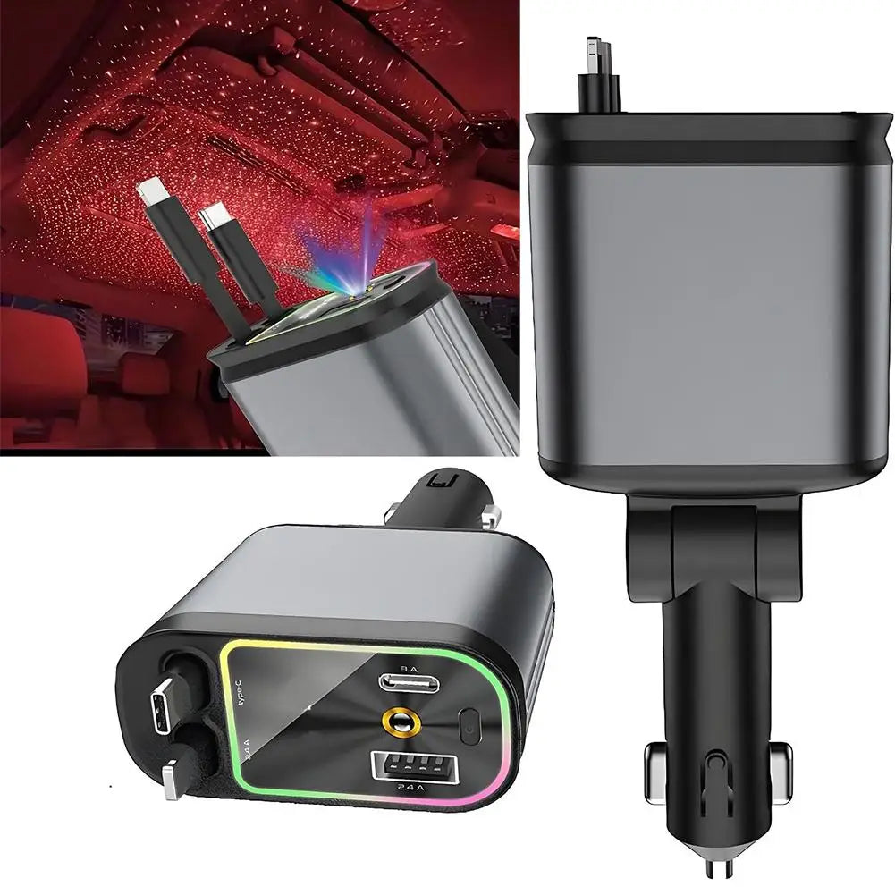 Retractable Dual Cable Car Charger - Built-in Starlit Roof, Type C Fast Charger - EuroSpeed