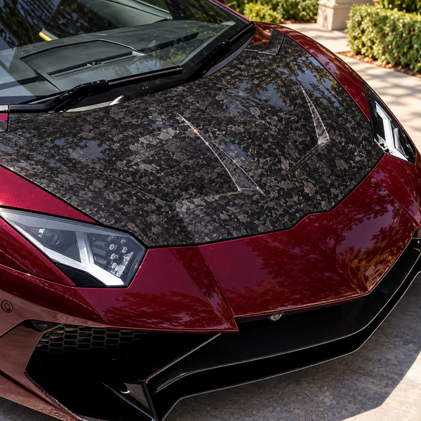 Lamborghini Aventador carbon hood — forged carbon finish visualization, edited installed closeup